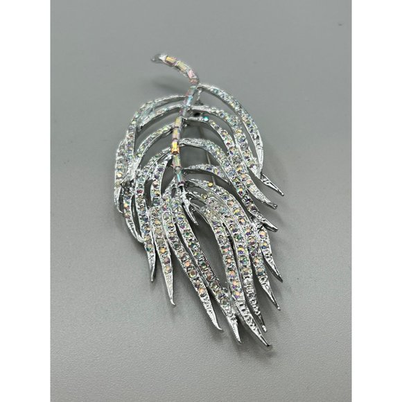 Vintage Rhinestones Feather Pin Brooch Silver Tone Aurora Borealis Oversized Pin - Picture 5 of 9